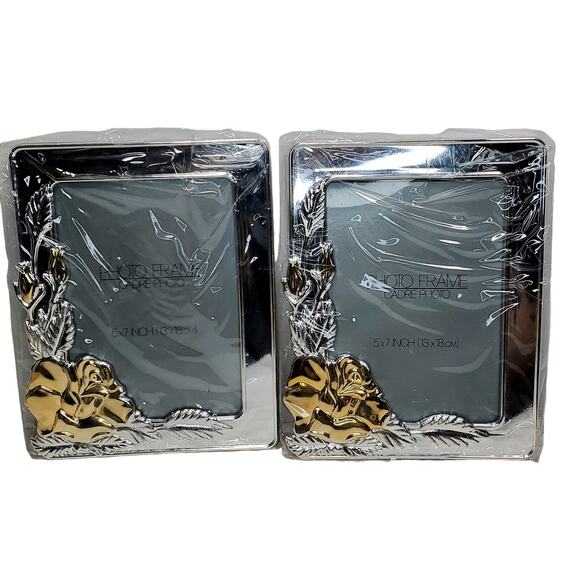 Lot of 2 Beautiful 5 x 7" Frames Gold & Silver Tones Rose Floral Design Gift New - Picture 2 of 7